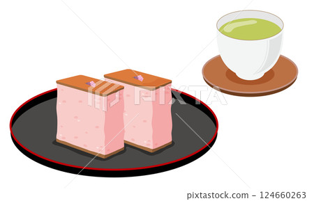 Sakura-flavored castella cake and tea Sakura-flavored castella cake and tea 124660263