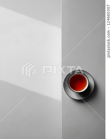 A black and white composition featuring a cup of red tea on a saucer, placed at the intersection of light and dark surfaces, with ample copy space 124660307