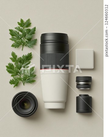 Arrangement of professional camera lenses and parsley leaves on a neutral background, showcasing photography equipment 124660312