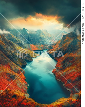 Breathtaking view of a turquoise mountain lake surrounded by colorful autumn slopes and rugged peaks under a dramatic sunset sky 124660316