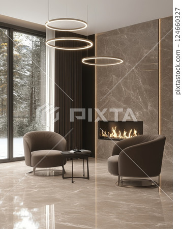 Elegant living room featuring plush armchairs, circular pendant lights, and a modern fireplace, with large windows overlooking a snowy forest landscape 124660327