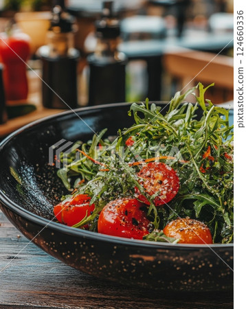 Close up of a vibrant arugula salad with cherry tomatoes in a black bowl, with condiment bottles in the background, showcasing fresh and healthy eating 124660336
