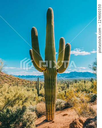 Towering saguaro cactus with multiple arms against vibrant blue sky, surrounded by desert vegetation and distant mountains in Arizona 124660350