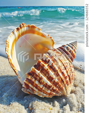 Close up of a large colorful seashell on sandy beach with waves and turquoise ocean in the background, symbolizing summer vacation 124660352