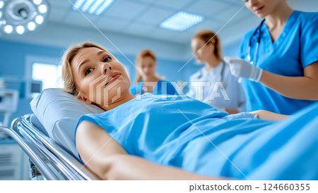 A worried young woman lies on a hospital gurney, awaiting medical attention, surrounded by blurred medical staff 124660355