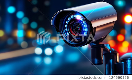 High-tech security camera with infrared LEDs illuminates a night city scene, enhancing safety and surveillance High-tech security camera with infrared LEDs illuminates a night city scene, enhancing safety and surveillance 124660356