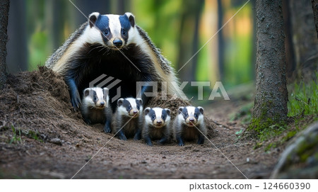 A mother badger and her four cubs peek out of their den, capturing a tender moment of wildlife in the forest 124660390