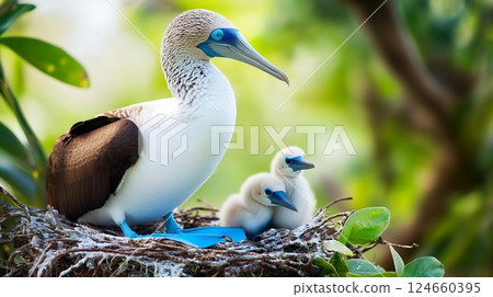 A blue footed booby stands protectively over its chicks in a nest, highlighting unique avian parenting 124660395