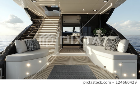 Luxurious yacht's aft deck boasts comfortable seating, a staircase, and stunning ocean views 124660429