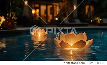Illuminated lotus flower lanterns float serenely on a tranquil pool at twilight, creating a magical ambiance 124660435