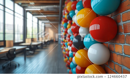 Colorful spheres adorn a brick wall in a modern, bright office space 124660437