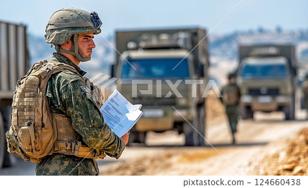 A soldier in camouflage uniform reviews documents near military trucks 124660438