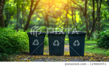 Three dark-green recycling bins with recycling symbols stand on a path in a sunlit park 124660451