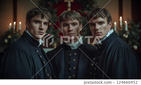 Three young men in dark period costumes pose solemnly, creating a mysterious and intriguing portrait Three young men in dark period costumes pose solemnly, creating a mysterious and intriguing portrait 124660452