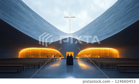 Two monks stand silently in a modern, minimalist church, illuminated by warm light, contemplating a large cross Two monks stand silently in a modern, minimalist church, illuminated by warm light, contemplating a large cross 124660453