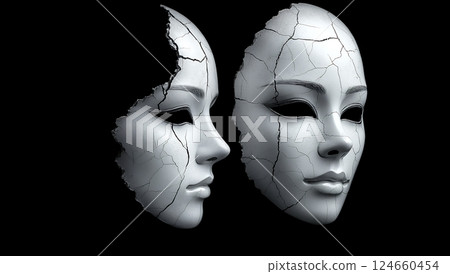 Two cracked, white masks face each other, symbolizing fractured identity or duality Two cracked, white masks face each other, symbolizing fractured identity or duality 124660454