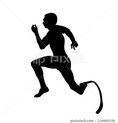 runner athlete with her prosthetic leg running, black silhouette on white background 124660536