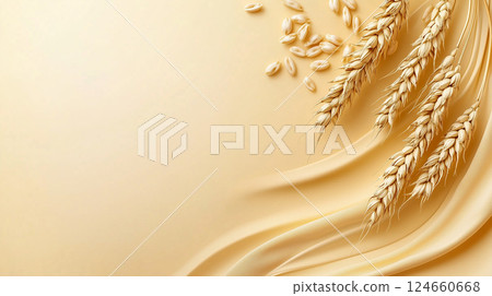 Golden wheat ears with grains on elegant fabric background for harvest celebration and agricultural industry design 124660668