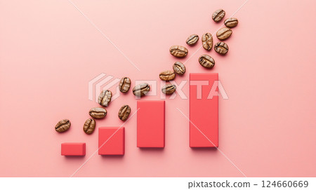 Creative market growth concept with coffee beans and bar chart. Coffee consumption, production, price increase illustration 124660669