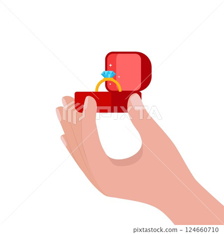 Hand hold golden wedding ring in luxury box. Gold ring with blue gemstone. Engagement, marriage proposal, wedding, Valentines Day symbol, romantic love attribute. Vector illustration. Hand hold golden wedding ring in luxury box. Gold ring with blue gemstone. Engagement, marriage proposal, wedding, Valentines Day symbol, romantic love attribute. Vector illustration. 124660710