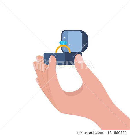 Hand hold golden wedding ring in luxury box. Gold ring with blue gemstone. Engagement, marriage proposal, wedding, Valentines Day symbol, romantic love attribute. Vector illustration. 124660711