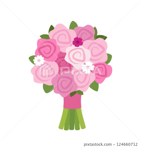 Wedding bouquet. Bride's bouquet. Beautifully decorated bouquet of pink roses for a romantic celebration. Vector illustration. 124660712