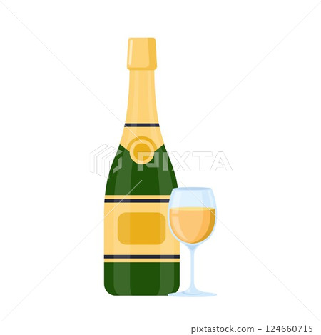 Bottle ad glass of champagne. Green elegant bottle with gold label. Sparkling wine. Alcoholic drink for special occasions. Vector illustration. 124660715