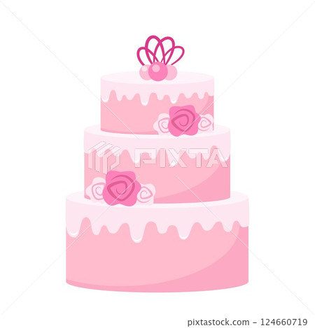 Modern Wedding Cake. Cake in pink pastel colors. Flowers and leaves, botanical decoration. Sweet cake with flowers. Romantic and love. Vector illustration. Modern Wedding Cake. Cake in pink pastel colors. Flowers and leaves, botanical decoration. Sweet cake with flowers. Romantic and love. Vector illustration. 124660719