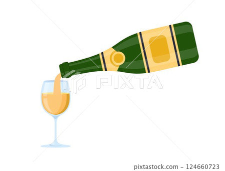 Wine bottle and glass. White wine is poured from a bottle into a glass. Vector illustration. Wine bottle and glass. White wine is poured from a bottle into a glass. Vector illustration. 124660723
