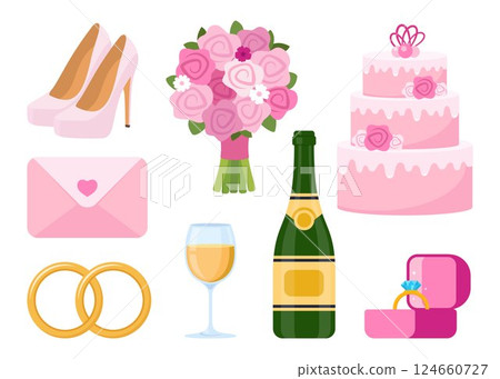 Wedding accessories, decorations set. Party, proposal, wedding, anniversary elements. Celebrate marriage, save the date ceremony. Vector illustration. Wedding accessories, decorations set. Party, proposal, wedding, anniversary elements. Celebrate marriage, save the date ceremony. Vector illustration. 124660727