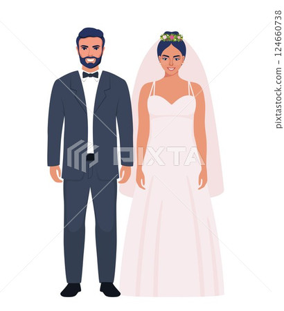 Wedding couple. Bride and groom in formal clothes on wedding day, marriage ceremony. Just married love couple, newlyweds. Vector illustration. Wedding couple. Bride and groom in formal clothes on wedding day, marriage ceremony. Just married love couple, newlyweds. Vector illustration. 124660738