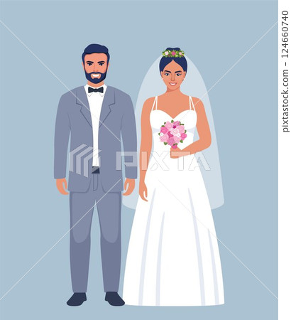 Wedding couple. Bride and groom in formal clothes on wedding day, marriage ceremony. Just married love couple, newlyweds. Vector illustration. Wedding couple. Bride and groom in formal clothes on wedding day, marriage ceremony. Just married love couple, newlyweds. Vector illustration. 124660740