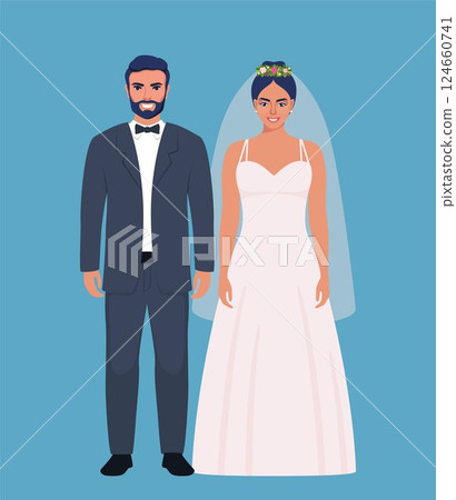 Wedding couple. Bride and groom in formal clothes on wedding day, marriage ceremony. Just married love couple, newlyweds. Vector illustration. Wedding couple. Bride and groom in formal clothes on wedding day, marriage ceremony. Just married love couple, newlyweds. Vector illustration. 124660741