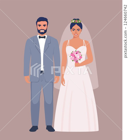 Wedding couple. Bride and groom in formal clothes on wedding day, marriage ceremony. Just married love couple, newlyweds. Vector illustration. Wedding couple. Bride and groom in formal clothes on wedding day, marriage ceremony. Just married love couple, newlyweds. Vector illustration. 124660742