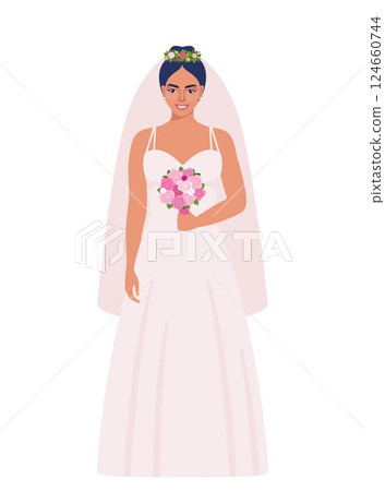 Bride in a wedding dress with a bouquet of flowers. Bride in traditional white dress on wedding day, marriage ceremony. Vector illustration. Bride in a wedding dress with a bouquet of flowers. Bride in traditional white dress on wedding day, marriage ceremony. Vector illustration. 124660744