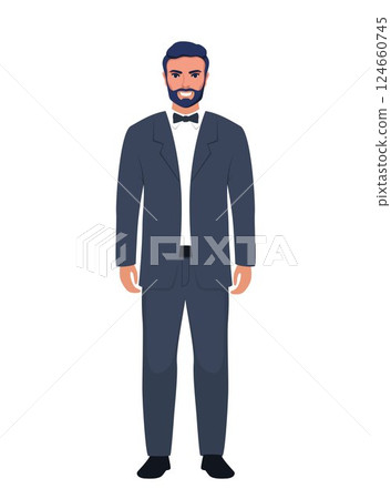 Man in wedding suit and tuxedo on wedding day, marriage ceremony. Vector illustration. 124660745