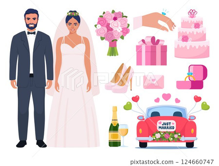 Groom and bride. Wedding accessories, decorations set. Party, proposal, wedding, anniversary elements. Celebrate marriage, save the date ceremony. Vector illustration. 124660747