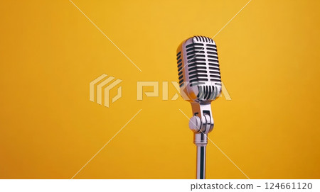 Classic microphone stands ready for a singer, comedian, or speaker, evoking nostalgia and the golden age of audio recording against a vibrant yellow backdrop Classic microphone stands ready for a singer, comedian, or speaker, evoking nostalgia and the golden age of audio recording against a vibrant yellow backdrop 124661120