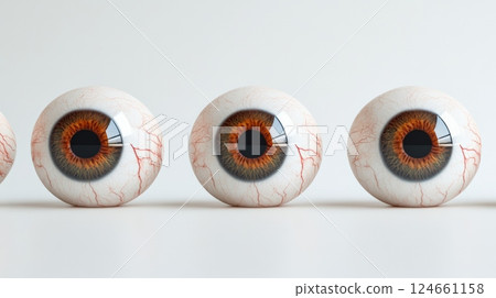 Several eyeballs with prominent red veins are arranged on a pristine white surface, creating a striking contrast and evoking themes of vision, health, and perhaps even surveillance or cloning Several eyeballs with prominent red veins are arranged on a pristine white surface, creating a striking contrast and evoking themes of vision, health, and perhaps even surveillance or cloning 124661158