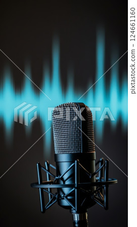 Studio microphone capturing audio with a digital waveform displayed on a screen in the background, representing sound recording, music production, or voice over work Studio microphone capturing audio with a digital waveform displayed on a screen in the background, representing sound recording, music production, or voice over work 124661160