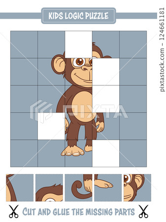 Kids puzzle featuring a cartoon monkey. Activity to cut and glue missing parts to finish the picture. Kids puzzle featuring a cartoon monkey. Activity to cut and glue missing parts to finish the picture. 124661181