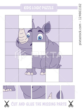 Cartoon rhino logic puzzle for kids with cut and glue elements for an interactive educational activity. Cartoon rhino logic puzzle for kids with cut and glue elements for an interactive educational activity. 124661182