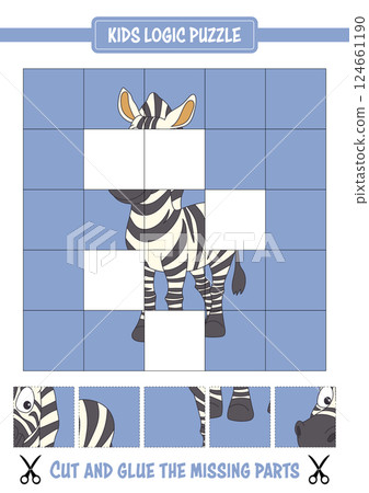 Kids puzzle with zebra image, requiring matching cut-out sections to complete the picture correctly. 124661190