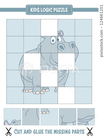 Hippo puzzle for kids: A cartoon hippo cut into pieces, ready to be assembled. Engaging and educational fun. 124661201