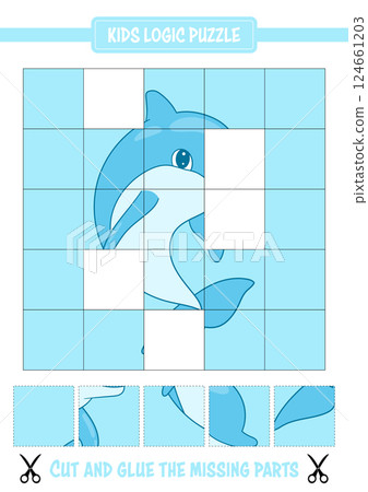 Complete the blue dolphin! Solve the puzzle by cutting and gluing in the missing pieces from below. Complete the blue dolphin! Solve the puzzle by cutting and gluing in the missing pieces from below. 124661203