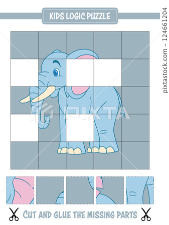 Kids activity puzzle featuring an elephant image needing to be completed with cut-out puzzle pieces. Kids activity puzzle featuring an elephant image needing to be completed with cut-out puzzle pieces. 124661204