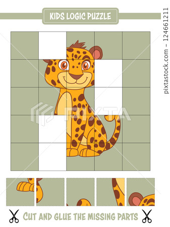 Kids logic puzzle featuring a cartoon cheetah, designed for cutting and gluing the missing parts. Kids logic puzzle featuring a cartoon cheetah, designed for cutting and gluing the missing parts. 124661211