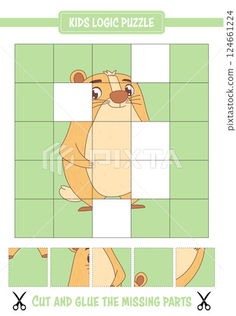 Logic puzzle featuring a cute cartoon prairie dog with missing parts. Cut and glue to complete the image. Logic puzzle featuring a cute cartoon prairie dog with missing parts. Cut and glue to complete the image. 124661224