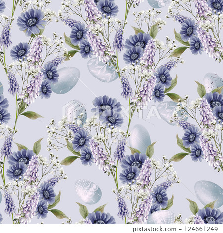 Easter seamless pattern with flowers in tender colors. Watercolor vintage style. 124661249