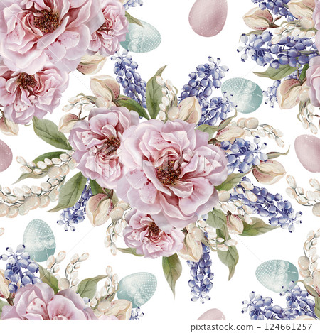 Easter seamless pattern with flowers in tender colors. Watercolor vintage style. 124661257